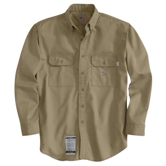 Carhartt Men's Flame Resistant Twill Button-Down Long Sleeve‎ T-Shirt Khaki - Picture 1 of 5